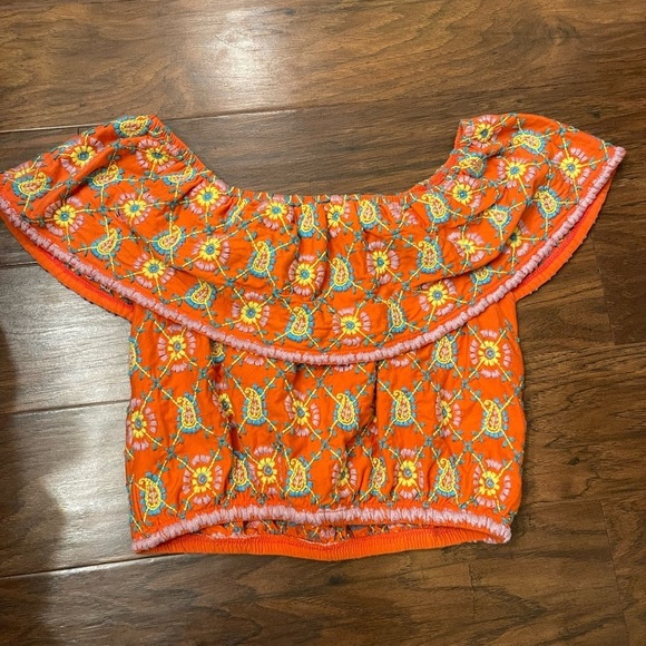 Top Shop Embroidered Boho Off the Shoulder Crop Top Size 2 - Picture 3 of 4